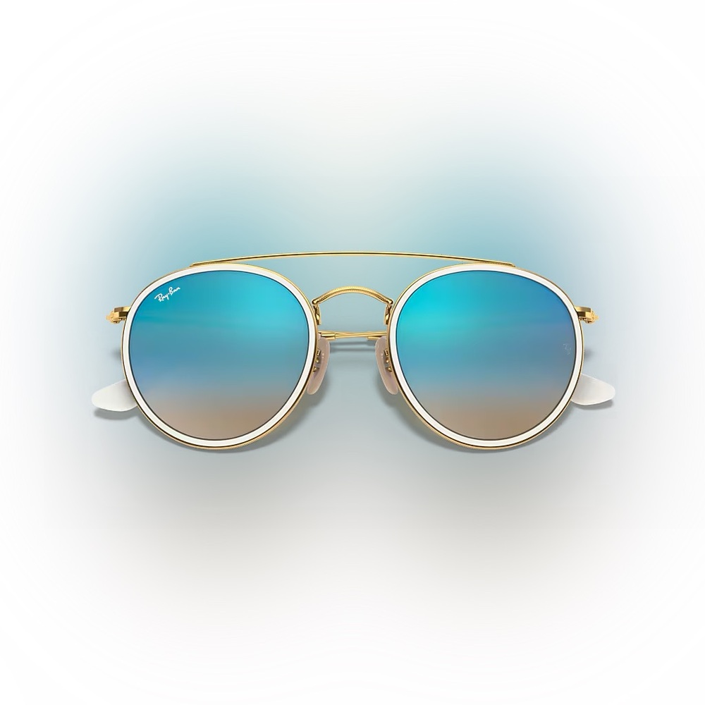 Ray-Ban Round Double Bridge Gold Frame Sunglasses w Blue Gradient (Unisex)